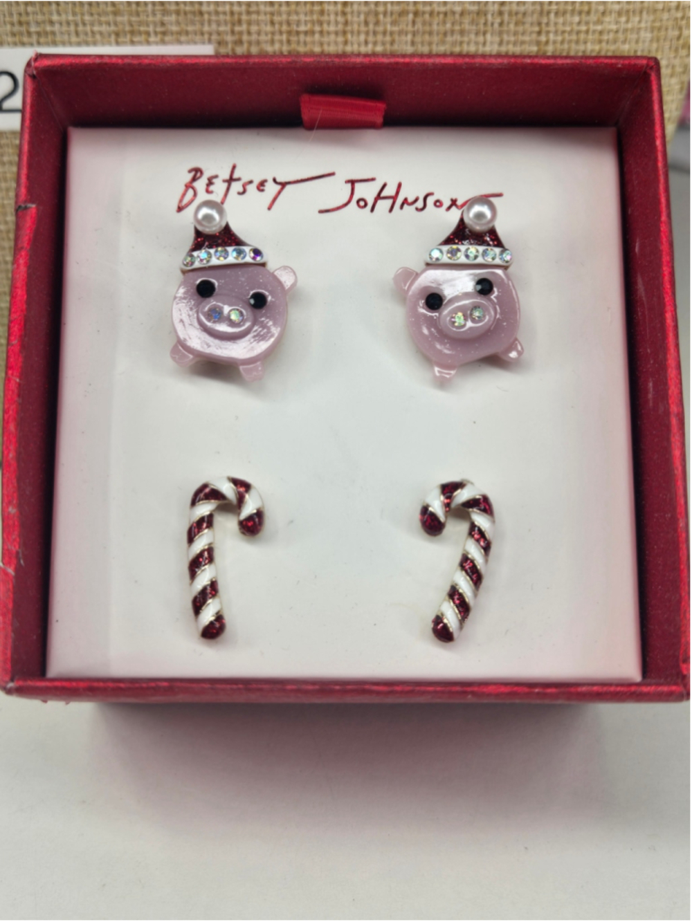 Betsey Johnson Christmas Pig Candy Cane Stud Earring Set Winter Holidays NWT